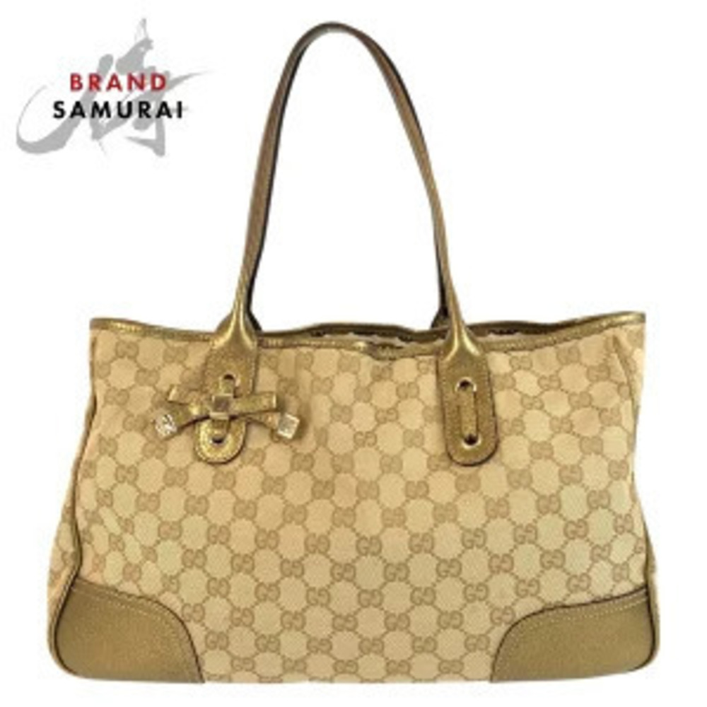 Gucci Princy Tote Bag Beige Gold GG Canvas Leather Shoulder